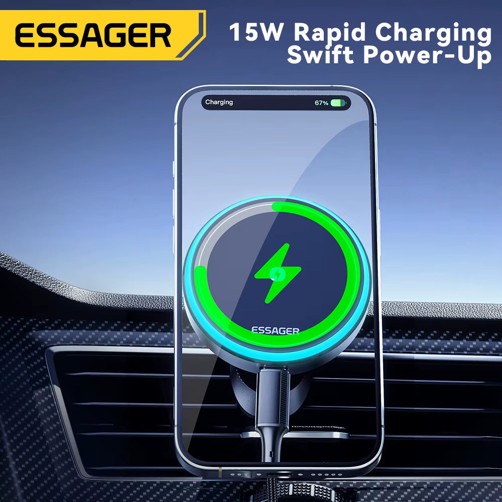 Magnetic Wireless Charger Car Phone Holder 15W RGB Seven Color Light Fast Charging Mount Stand for Iphone15 14 13Android