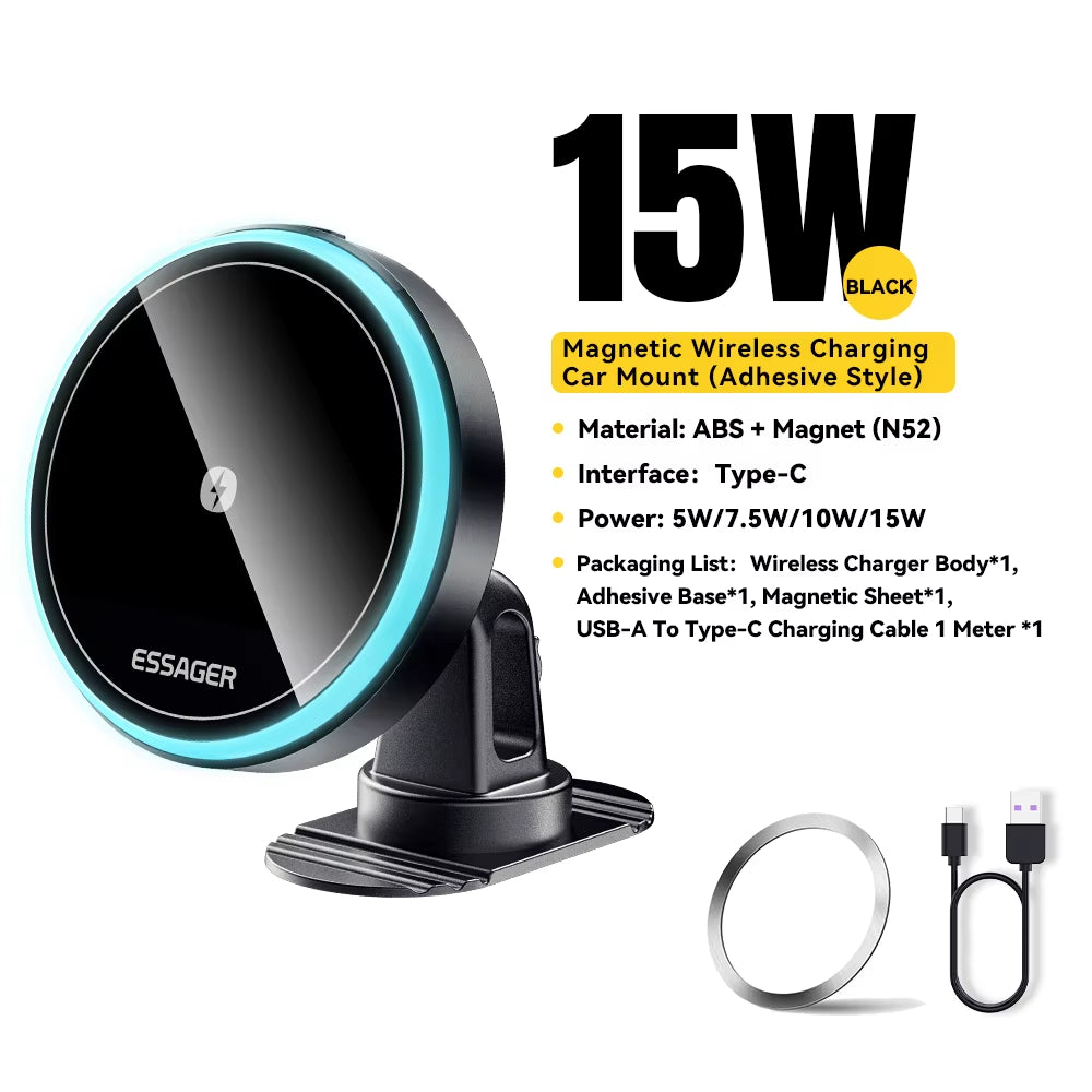 Magnetic Wireless Charger Car Phone Holder 15W RGB Seven Color Light Fast Charging Mount Stand for Iphone15 14 13Android
